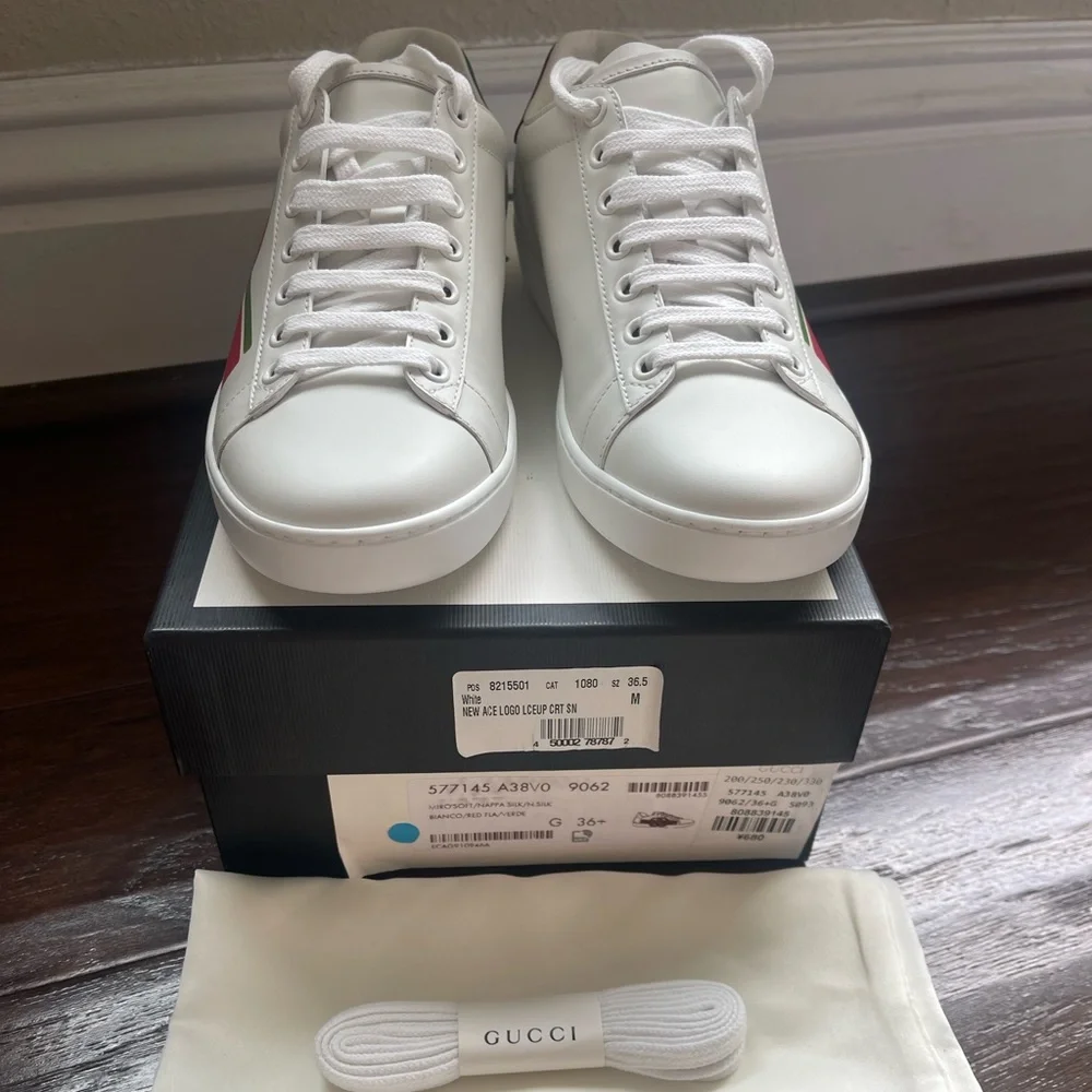 Brand New Gucci Ace Sneakers Green Red Logo GG White Womens Size 36.5 - Picture 3 of 12